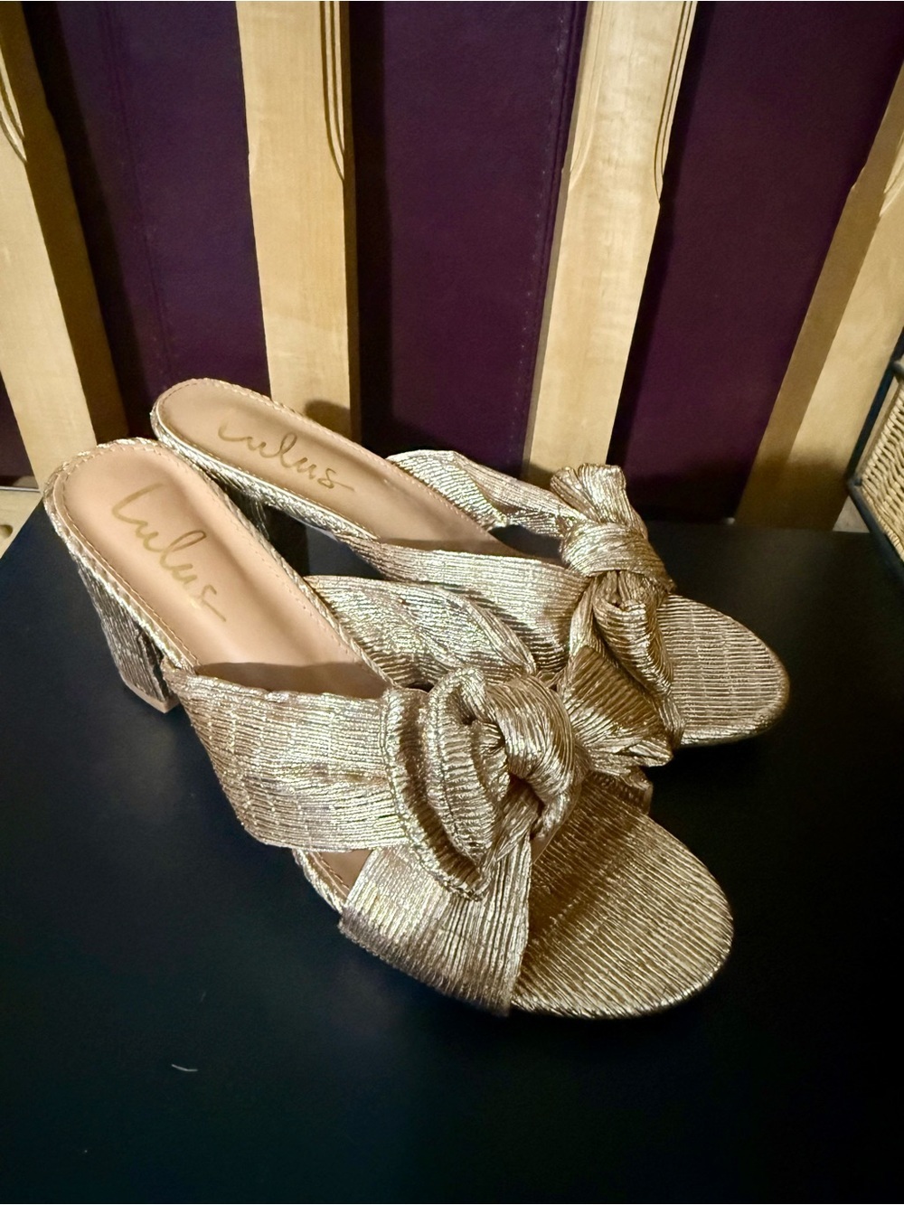 Lulus Dorothea Gold Knotted Block Heel Sandals Mules - Size 11